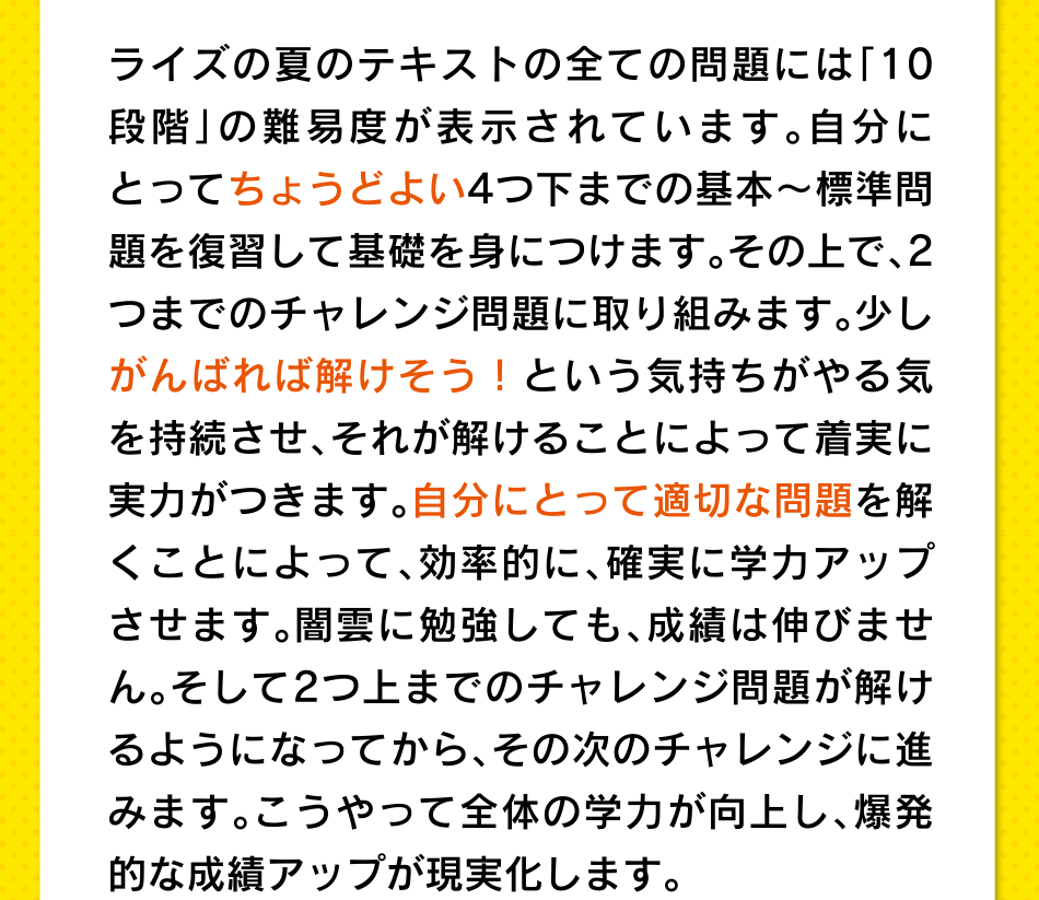 ライズの夏のテキストの全ての問題には「10段階」の難易度が表示されています。