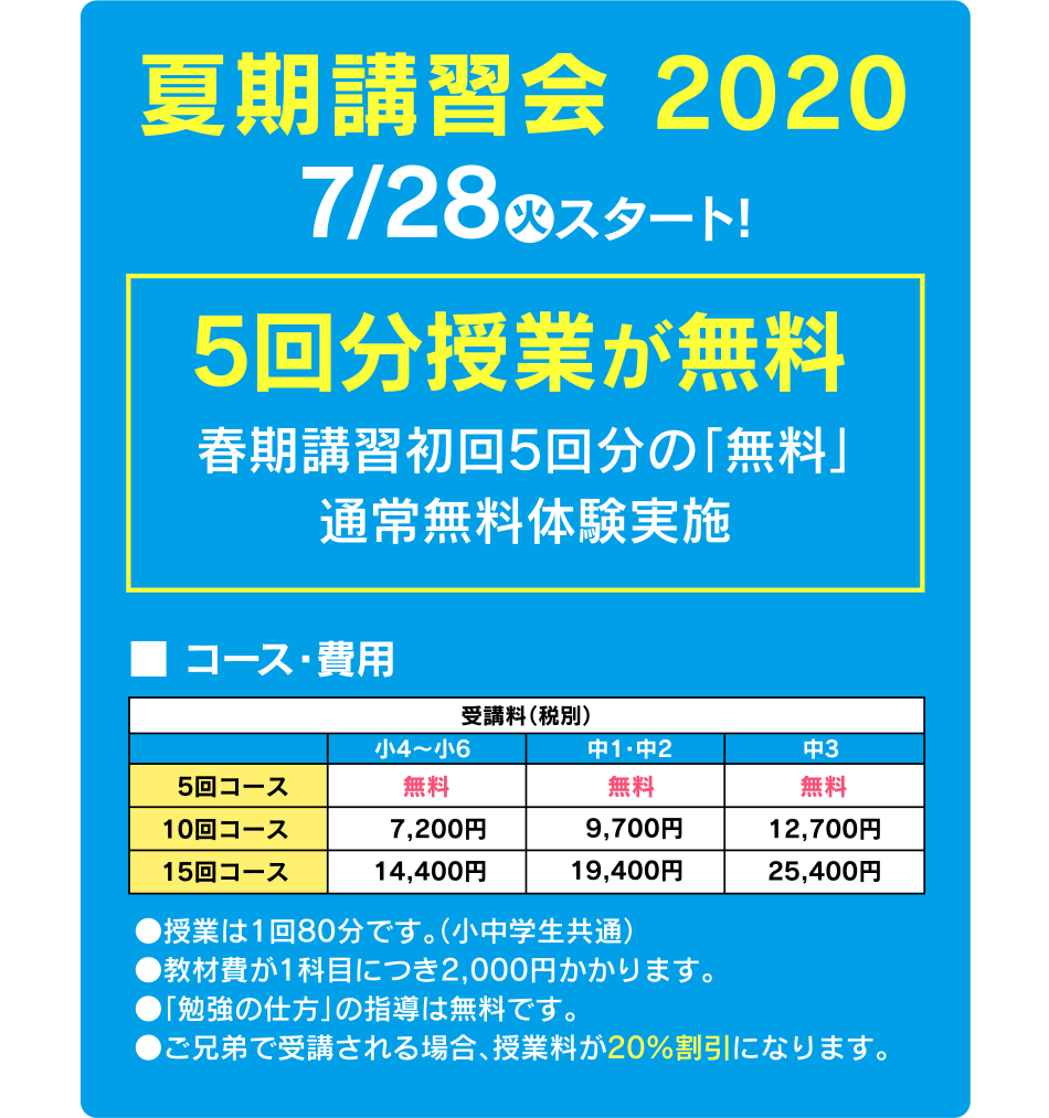 夏期講習会 2020 7/28火スタート!