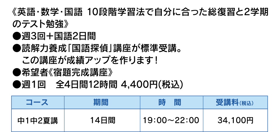 《英語・数学・国語 10段階学習法で自分に合った総復習と2学期のテスト勉強》●週3回＋国語2日間●読解力養成「国語探偵」講座が標準受講。　この講座が成績アップを作ります！ ●希望者《宿題完成講座》　●週１回　全4日間12時間 4,400円(税込)