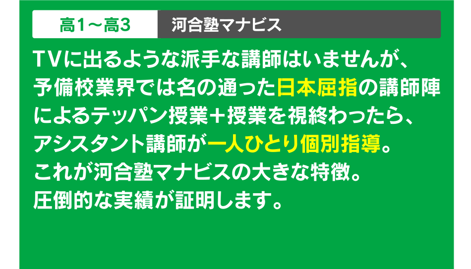 高1?高3 河合塾マナビス Ｖに出るような派手な講師はいませんが、予備校業界では名の通った日本屈指の講師陣によるテッパン授業＋授業を視終わったら、アシスタント講師が一人ひとり個別指導。これが河合塾マナビスの大きな特徴。圧倒的な実績が証明します。