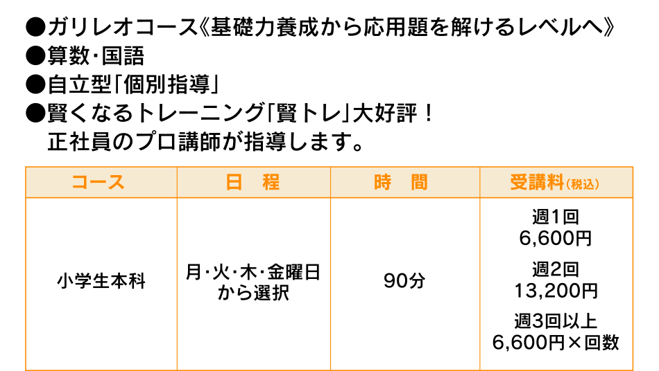 ●ガリレオコース《基礎力養成から応用題を解けるレベルへ》●算数・国語 ●自立型「個別指導」 ●賢くなるトレーニング「賢トレ」大好評！ 正社員のプロ講師が指導します。