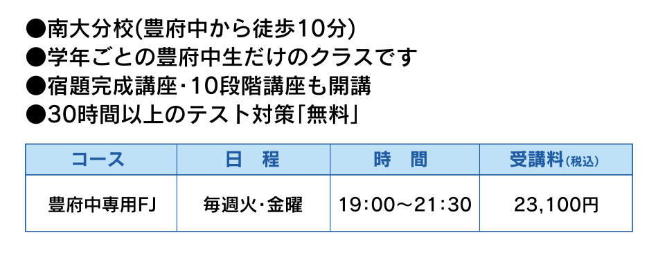 ●南大分校(豊府中から徒歩10分)　●学年ごとの豊府中生だけのクラスです●宿題完成講座・10段階講座も開講●30時間以上のテスト対策「無料」