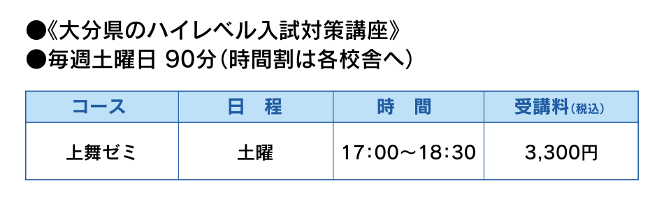 ●《大分県のハイレベル入試対策講座》●毎週土曜日 90分（時間割は各校舎へ）