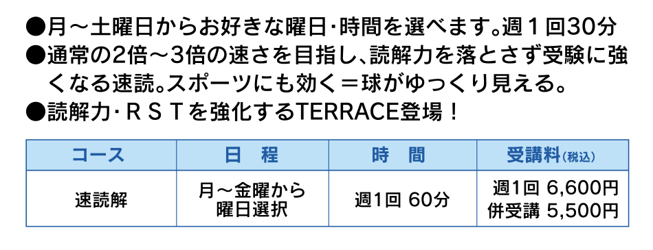 ●月～土曜日からお好きな曜日・時間を選べます。週１回30分●通常の2倍～3倍の速さを目指し、読解力を落とさず受験に強　くなる速読。スポーツにも効く＝球がゆっくり見える。　●読解力・ＲＳＴを強化するTERRACE登場！